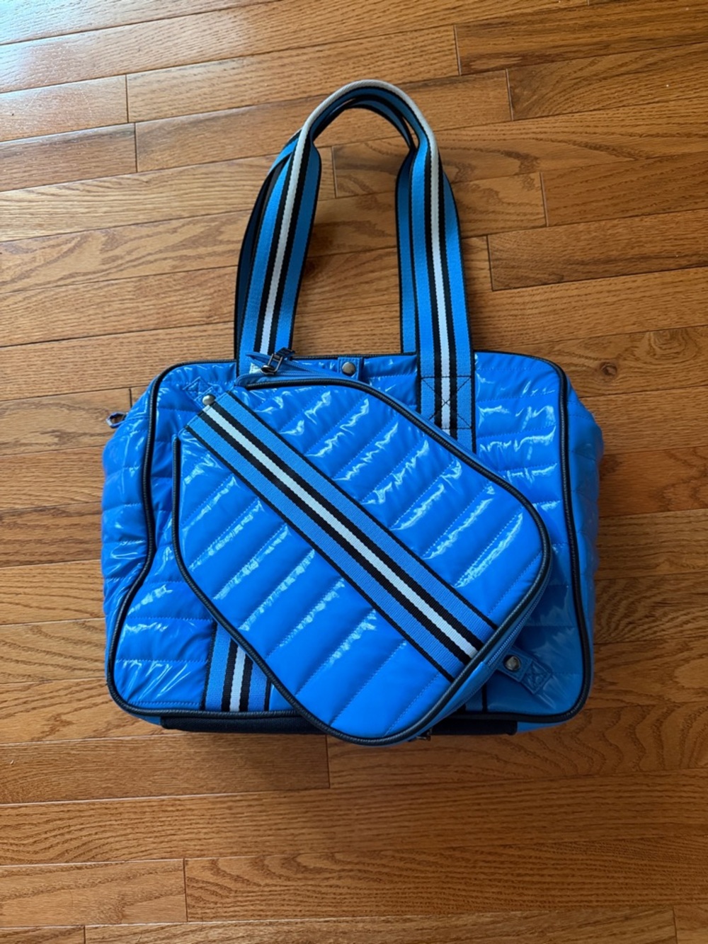 THINK ROYLN Bright Blue Quilted PickleballTote with Striped Strap